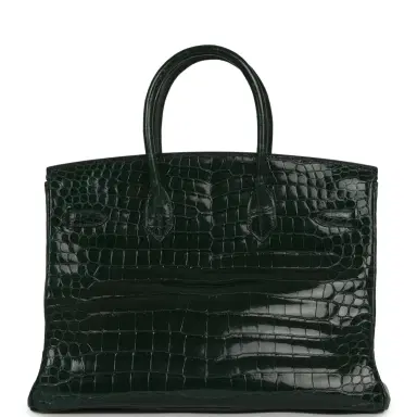 HERMÈS Pre-owned Hermes Birkin 35 Vert Fonce Shiny Porosus Crocodile Palladium Hardware | Thumbnail 4 HERMÈS Pre-owned Hermes Birkin 35 Vert Fonce Shiny Porosus Crocodile Palladium Hardware | Thumbnail 4