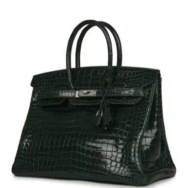 HERMÈS Pre-owned Hermes Birkin 35 Vert Fonce Shiny Porosus Crocodile Palladium Hardware | Thumbnail 5 HERMÈS Pre-owned Hermes Birkin 35 Vert Fonce Shiny Porosus Crocodile Palladium Hardware | Thumbnail 5