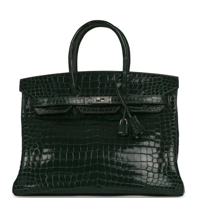 HERMÈS Pre-owned Hermes Birkin 35 Vert Fonce Shiny Porosus Crocodile Palladium Hardware
