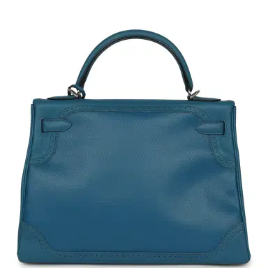 HERMÈS Pre-owned Hermes Ghillies Kelly Retourne 32 Bleu De Galice Swift, Grain D'H Palladium Hardware | Thumbnail 4 HERMÈS Pre-owned Hermes Ghillies Kelly Retourne 32 Bleu De Galice Swift, Grain D'H Palladium Hardware | Thumbnail 4