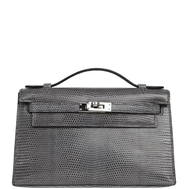 HERMÈS Pre-owned Hermes Kelly Pochette Ardoise Varanus Niloticus Lizard Palladium Hardware