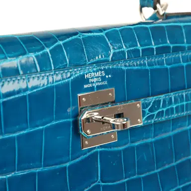 HERMÈS Pre-owned Hermes Kelly Sellier 32 Bleu Izmir Shiny Niloticus Crocodile Palladium Hardware | Thumbnail 7 HERMÈS Pre-owned Hermes Kelly Sellier 32 Bleu Izmir Shiny Niloticus Crocodile Palladium Hardware | Thumbnail 7