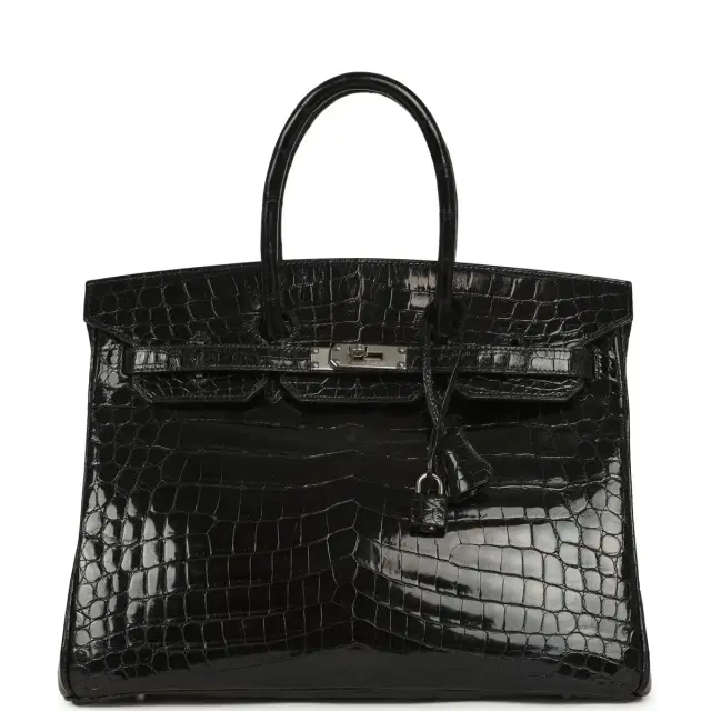 HERMÈS Vintage Hermes Birkin 35 Black Shiny Niloticus Crocodile Palladium Hardware