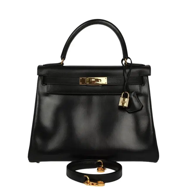 HERMÈS Vintage Hermes Kelly Retourne 28 Black Box Gold Hardware