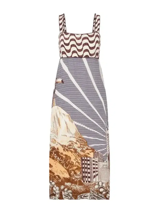 Farm Rio Mixed Carioca Coffee Scarves Printed Voile Midi Dress