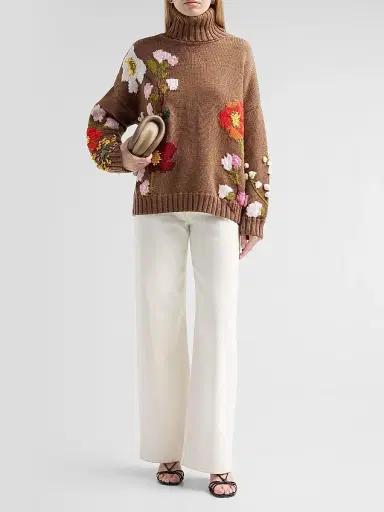 Oscar de la Renta Women's Floral-Embroidered Intarsia-Knit Wool Sweater | Thumbnail 2