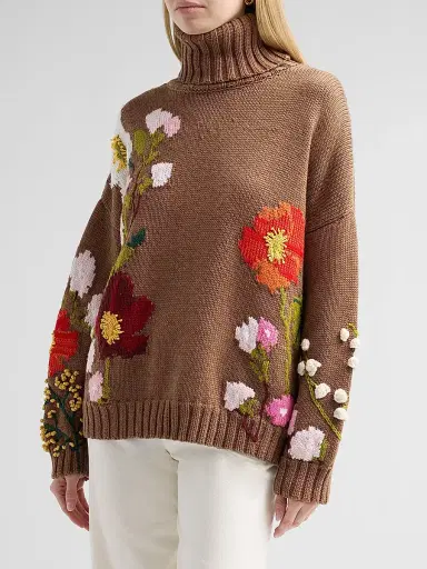 Oscar de la Renta Women's Floral-Embroidered Intarsia-Knit Wool Sweater | Thumbnail 4