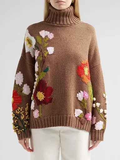 Oscar de la Renta Women's Floral-Embroidered Intarsia-Knit Wool Sweater | Thumbnail 5