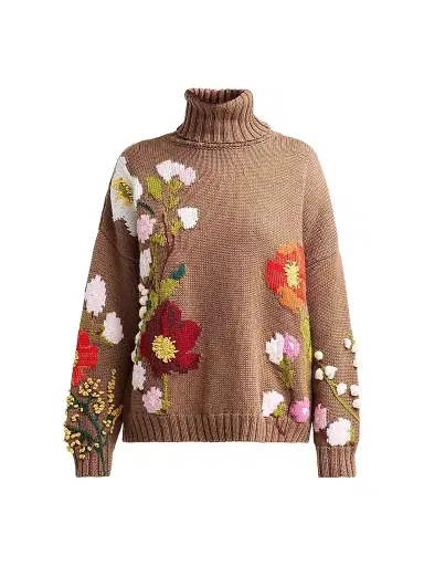 Oscar de la Renta Women's Floral-Embroidered Intarsia-Knit Wool Sweater | Thumbnail 1