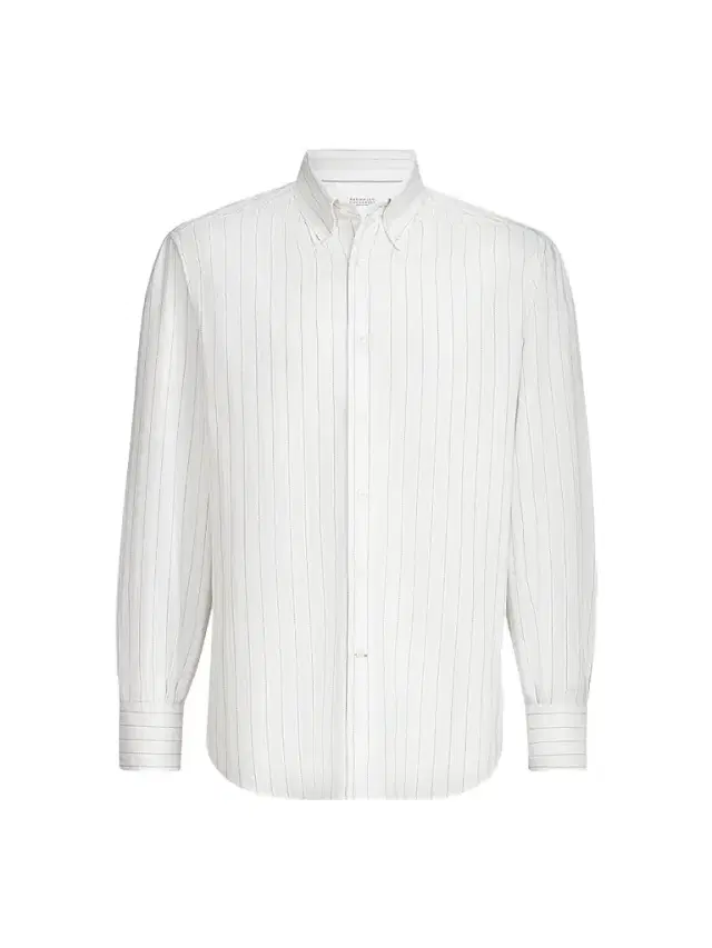 Brunello Cucinelli Men's Cotton Textured Striped Chevron Shirt with Button-Down Collar