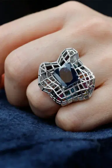 SARA KATHERINE JACOBSON Blue Sapphire Cagey Distorted Ring | Thumbnail 2 SARA KATHERINE JACOBSON Blue Sapphire Cagey Distorted Ring | Thumbnail 2
