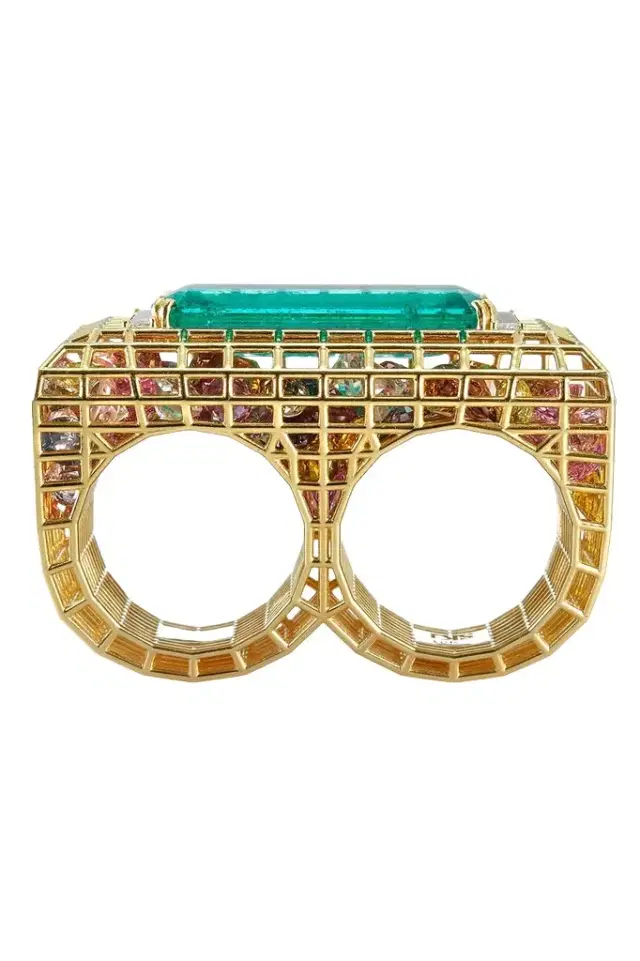 SARA KATHERINE JACOBSON Emerald Double Cagey Ring