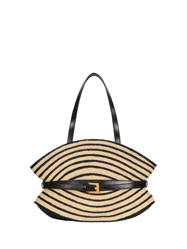 Balmain Medium Shuffle bag in smooth leather and two-tone raffia