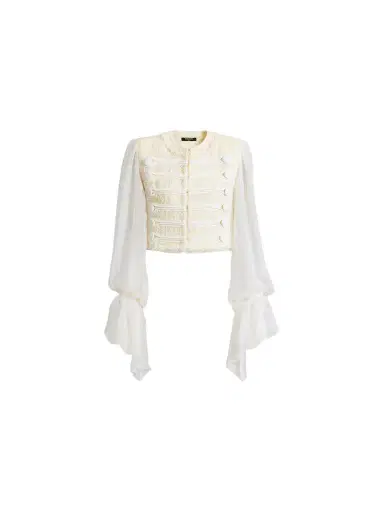 Balmain Cropped tweed and muslin jacket with frogging | Thumbnail 1 Balmain Cropped tweed and muslin jacket with frogging | Thumbnail 1