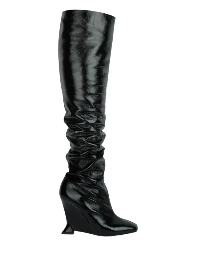 Thigh-high wedge boots in crinkled patent leather Thigh-high wedge boots in crinkled patent leather