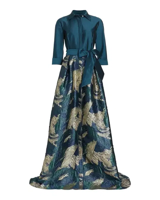 Rickie Freeman for Teri Jon A-Line Metallic Jacquard & Taffeta Shirt Gown