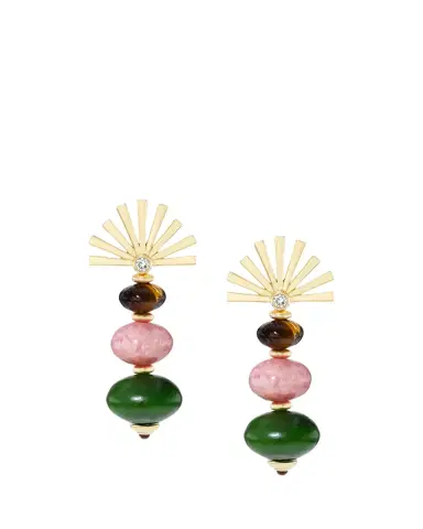 GRACE WINFREY 18K Root Earrings with Nephrite, Rhodochrosite, and Tigers Eye, 40mm | Thumbnail 2 GRACE WINFREY 18K Root Earrings with Nephrite, Rhodochrosite, and Tigers Eye, 40mm | Thumbnail 2