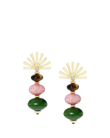GRACE WINFREY 18K Root Earrings with Nephrite, Rhodochrosite, and Tigers Eye, 40mm | Thumbnail 1 GRACE WINFREY 18K Root Earrings with Nephrite, Rhodochrosite, and Tigers Eye, 40mm | Thumbnail 1