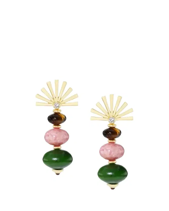 GRACE WINFREY 18K Root Earrings with Nephrite, Rhodochrosite, and Tigers Eye, 40mm