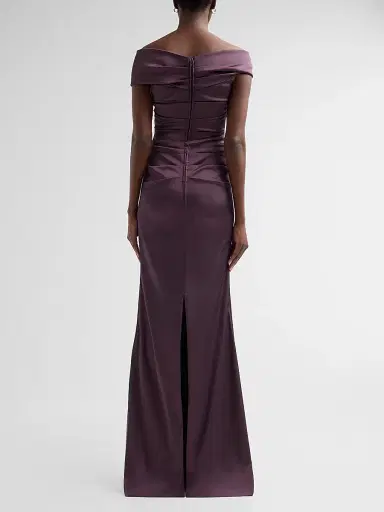 Teri Jon by Rickie Freeman Women's Off-The-Shoulder Ruched Satin Gown | Thumbnail 3