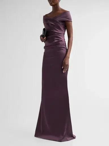 Teri Jon by Rickie Freeman Women's Off-The-Shoulder Ruched Satin Gown | Thumbnail 4