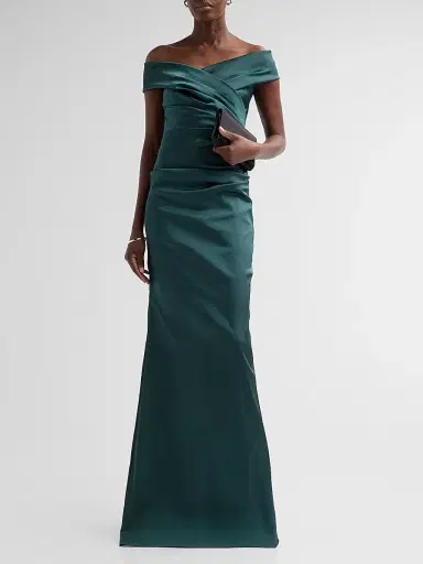 Teri Jon by Rickie Freeman Women's Off-The-Shoulder Ruched Satin Gown | Thumbnail 2