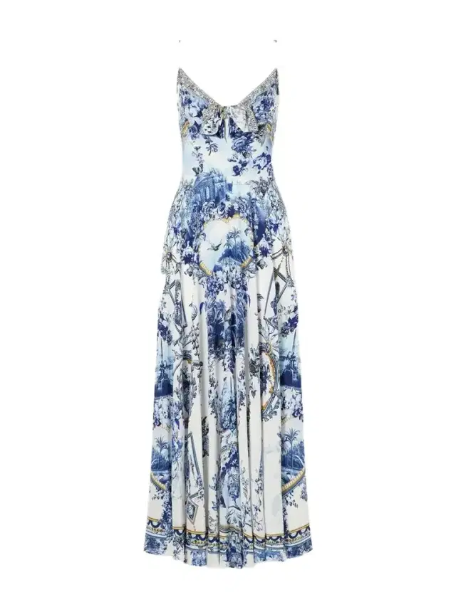 Camilla Porcelain Parlour Tie-detail Crystal-embellished Printed Silk Maxi Dress