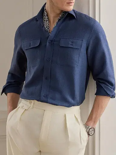 Ralph Lauren Purple Label Men's Silk-Linen Button-Front Shirt | Thumbnail 7