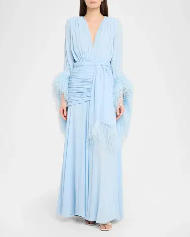 Bronx and Banco Geisha Feather-Trim Deep V-Neck Gown | Thumbnail 2