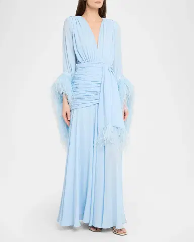 Bronx and Banco Geisha Feather-Trim Deep V-Neck Gown | Thumbnail 4