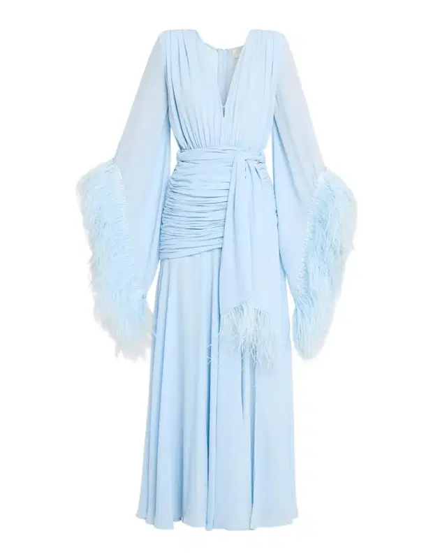 Bronx and Banco Geisha Feather-Trim Deep V-Neck Gown