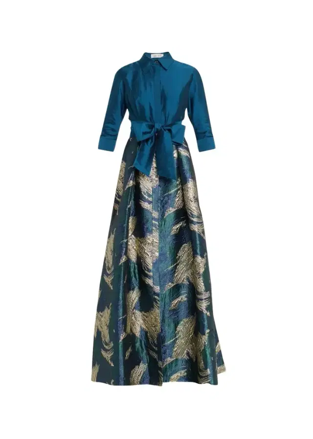 Rickie Freeman for Teri Jon A-Line Metallic Jacquard & Taffeta Shirt Gown