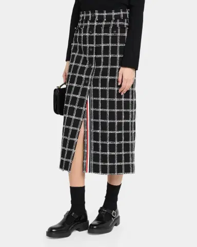 Thom Browne Windowpane Tweed Frayed Button-Front Midi Skirt | Thumbnail 4 Thom Browne Windowpane Tweed Frayed Button-Front Midi Skirt | Thumbnail 4