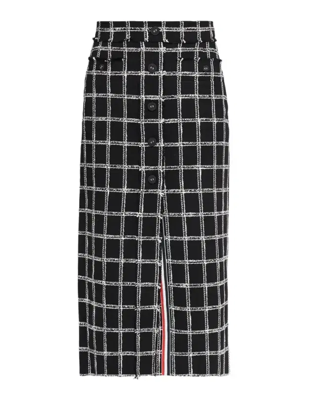 Thom Browne Windowpane Tweed Frayed Button-Front Midi Skirt