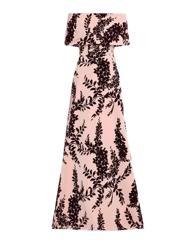 Lela Rose Flocked Taffeta Off-The-Shoulder A-Line Gown