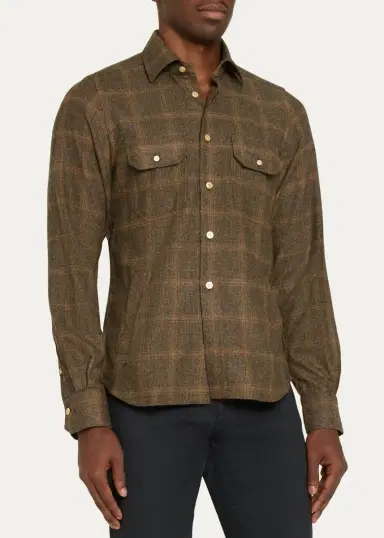 Kiton Men's Cashmere and Wool Plaid Button-Front Shirt | Thumbnail 4