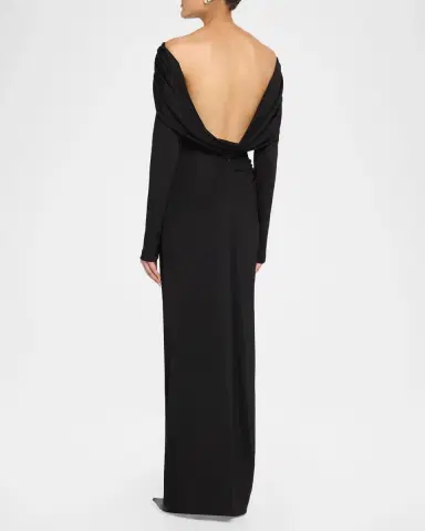 Lela Rose Off-The-Shoulder Satin Jersey Draped Backless Gown | Thumbnail 3 Lela Rose Off-The-Shoulder Satin Jersey Draped Backless Gown | Thumbnail 3