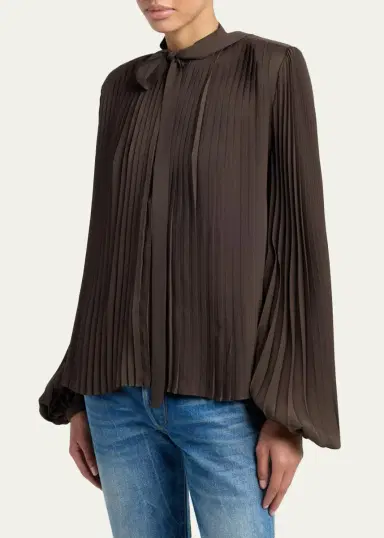 Tom Ford Pleated Balloon-Sleeve Neck-Scarf Blouse | Thumbnail 4