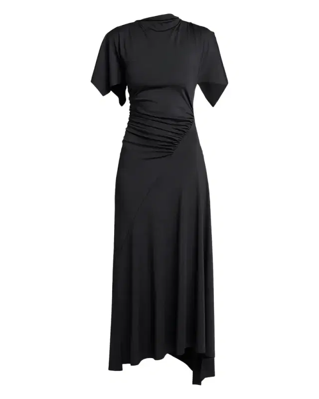 Victoria Beckham Blousey Asymmetric Short-Sleeve Midi Dress
