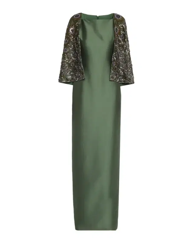 BADGLEY MISCHKA Floral-Embroidered Cape Column Gown