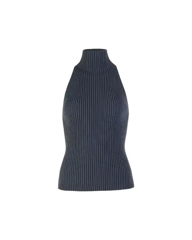 Mock-Neck Wool-Blend Rib Halter Top