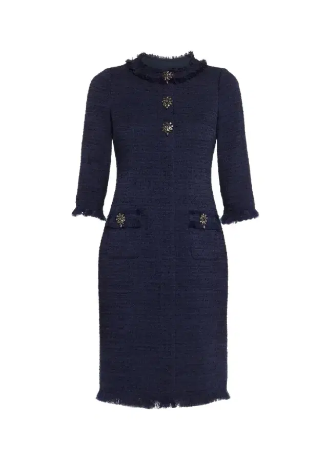 Rickie Freeman for Teri Jon Fringe-Trim Stretch Boucle Dress