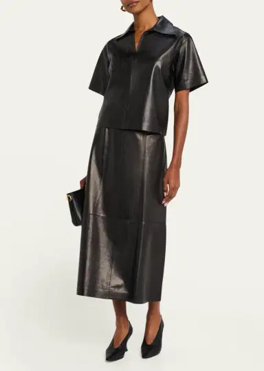 Lafayette 148 New York A-Line Leather Midi Skirt | Thumbnail 2