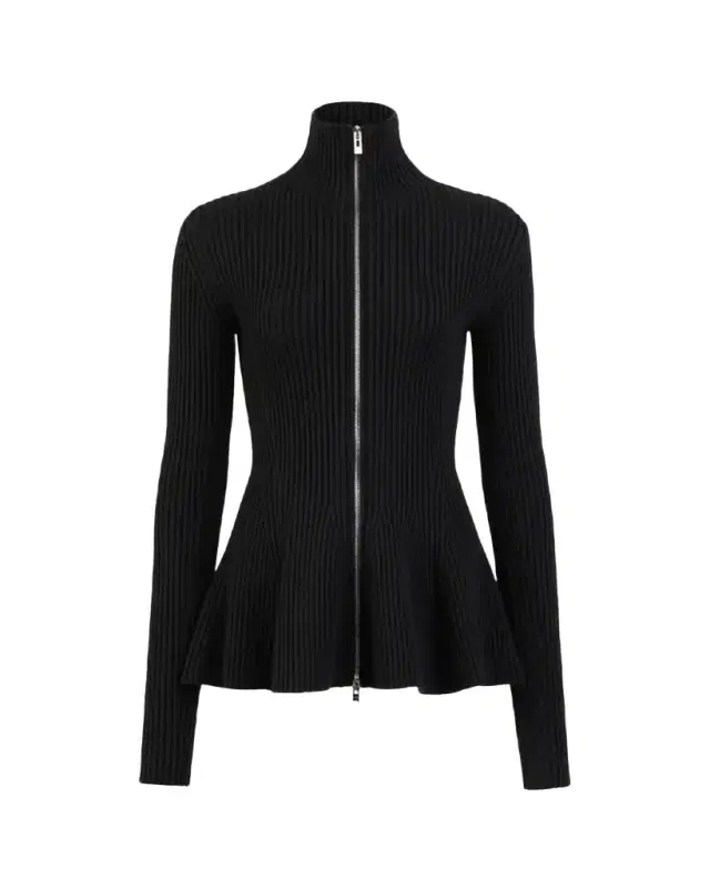 Alaïa Wool-Blend Rib Peplum Zip Cardigan