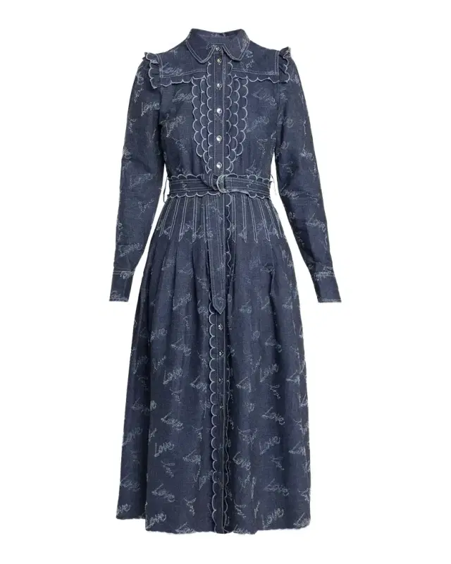 MAISON COMMON Belted Embroidered Chambray Midi Shirtdress