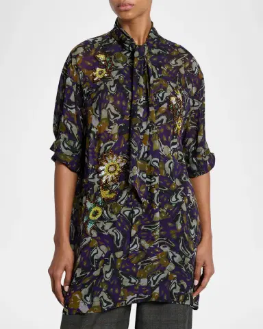 Dries Van Noten Floral Embellished Neck-Scarf Tunic Blouse | Thumbnail 4