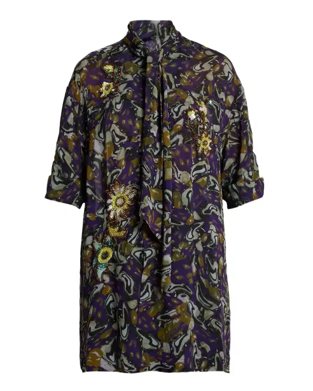 Dries Van Noten Floral Embellished Neck-Scarf Tunic Blouse
