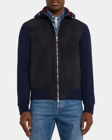 Brunello Cucinelli Men's Suede-Paneled Hooded Jacket | Thumbnail 4