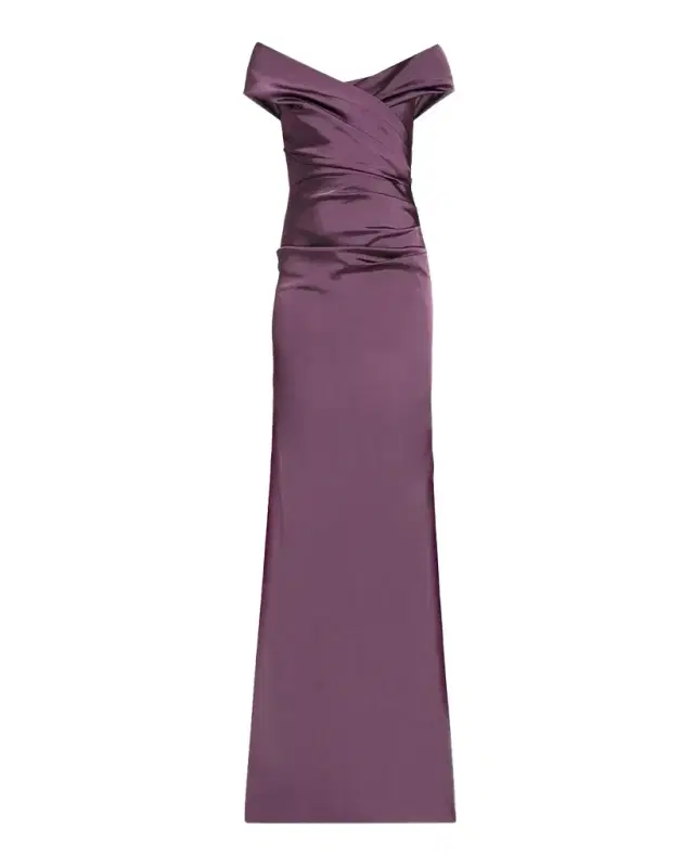 Rickie Freeman for Teri Jon Pleated Off-Shoulder Satin Column Gown