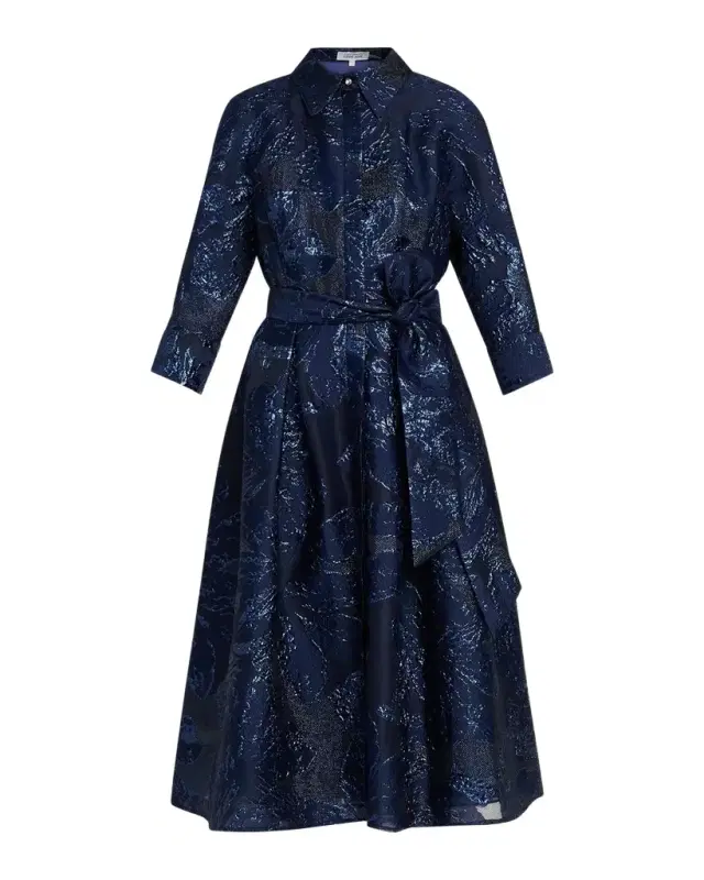 Rickie Freeman for Teri Jon Metallic Jacquard Shirtwaist Midi Dress